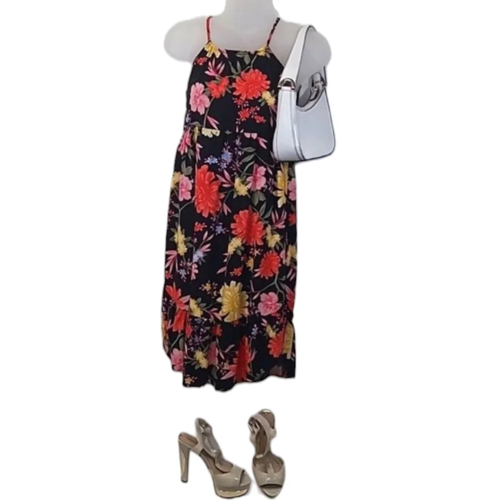 Old Navy Halter Sundress Spaghetti Strap Floral Print Tea Length Ruffle Dress